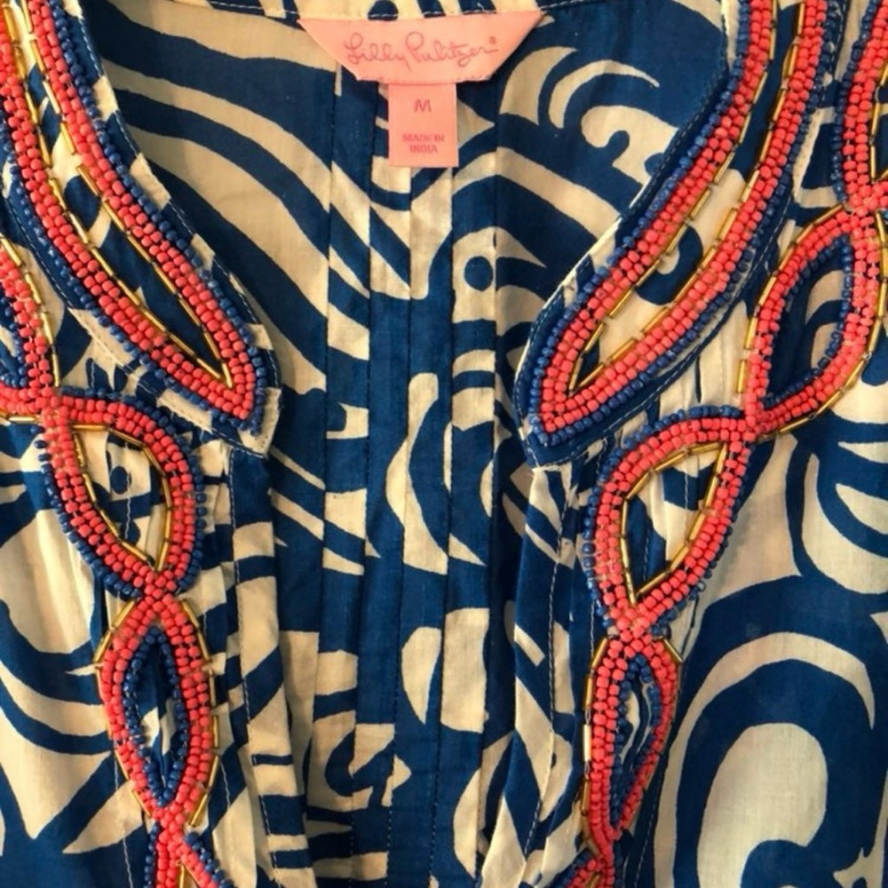 Lilly Pulitzer “Sarasota” Blue and White Swirl Tunic with Beaded Trim - Picture 4 of 4